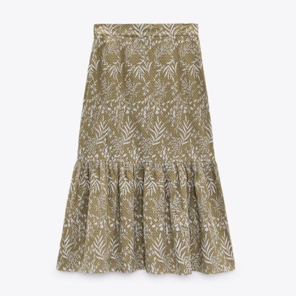 Zara Olive Green and White Printed Midi Skirt